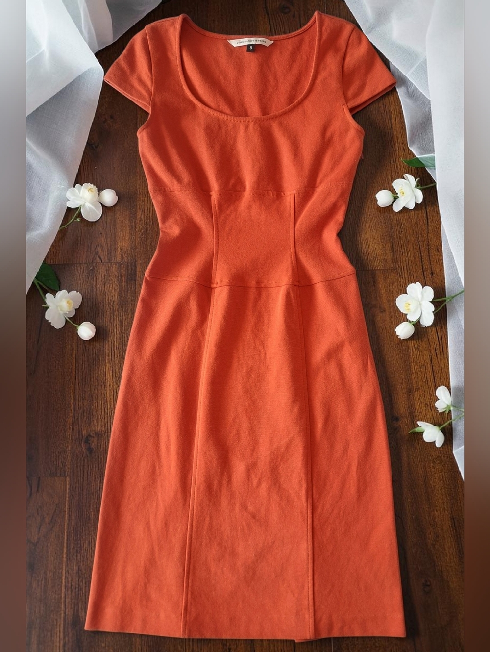 Diane Von Furstenberg Fitted Domino Scoop-Neck Midi Dress in Burnt Orange